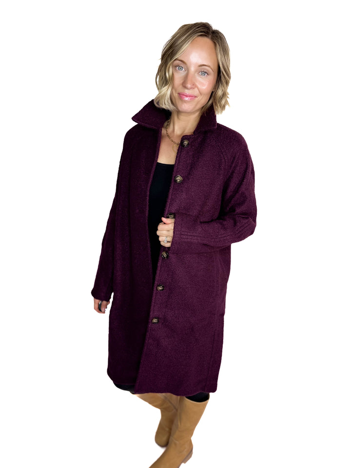 Frosty Boucle Long Button Coat- PLUM