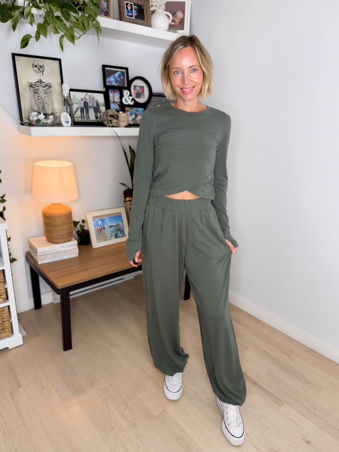 Mari Stretch Cotton Long Sleeve Crossover Set- SMOKEY FERN