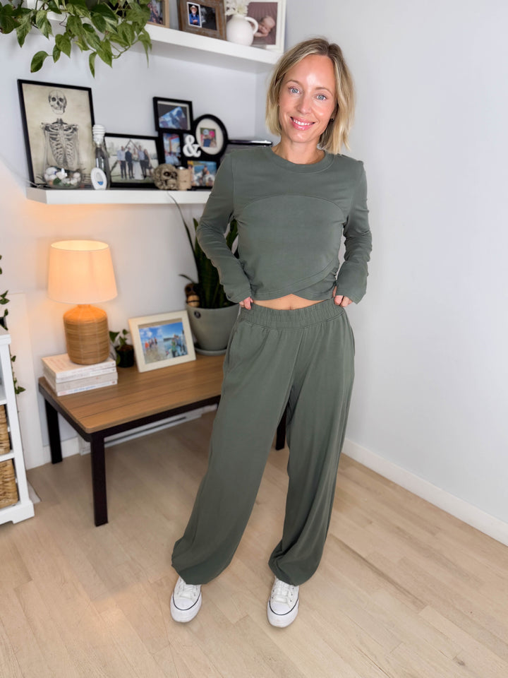 Mari Stretch Cotton Long Sleeve Crossover Set- SMOKEY FERN