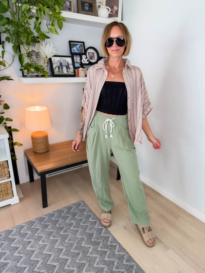 Farah Oversized Striped Cotton Blouse- LATTE
