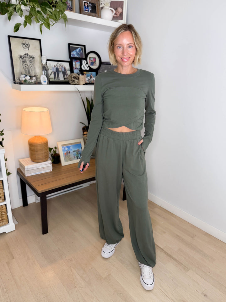 Mari Stretch Cotton Long Sleeve Crossover Set- SMOKEY FERN
