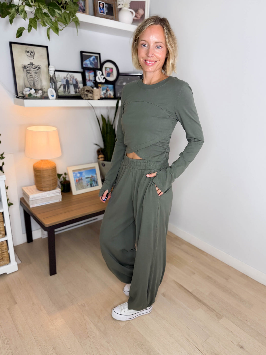 Mari Stretch Cotton Long Sleeve Crossover Set- SMOKEY FERN