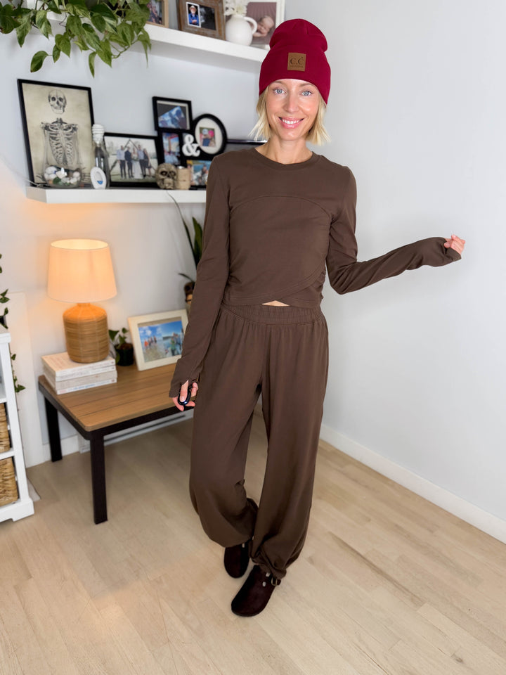 Mari Stretch Cotton Long Sleeve Crossover Set- MOCHA
