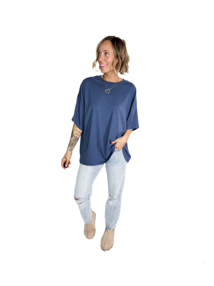 Snow Cap Oversized Cotton Tee- DUSTY NAVY