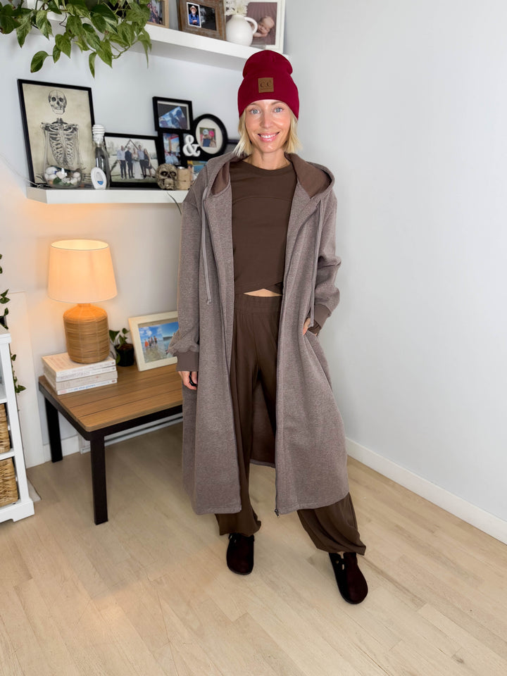 Mavis Hooded Full Zip Coatigan- WALNUT