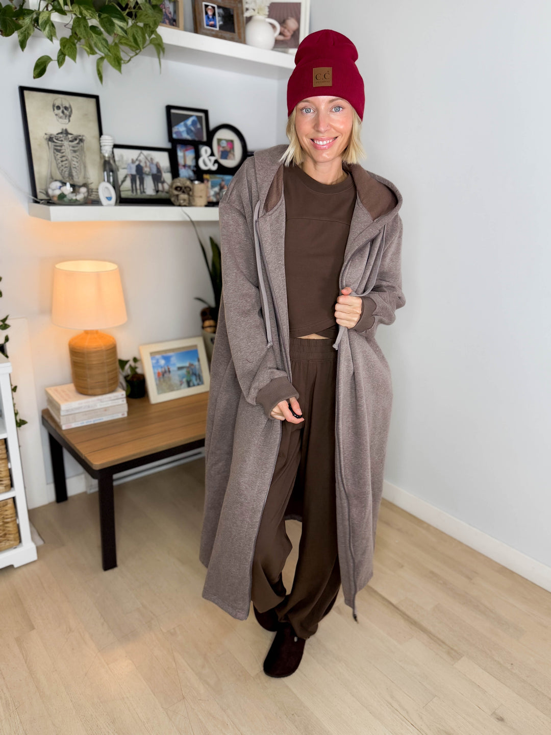 Mavis Hooded Full Zip Coatigan- WALNUT