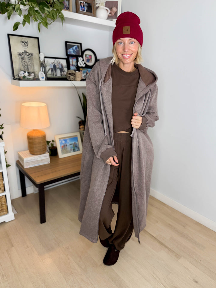 Mavis Hooded Full Zip Coatigan- WALNUT