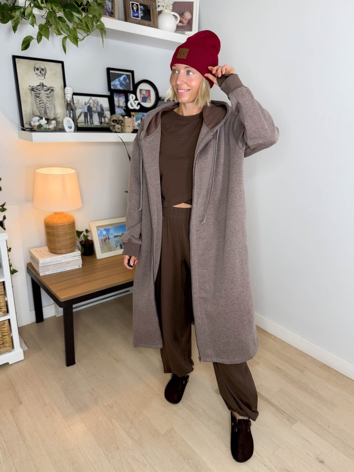 Mavis Hooded Full Zip Coatigan- WALNUT
