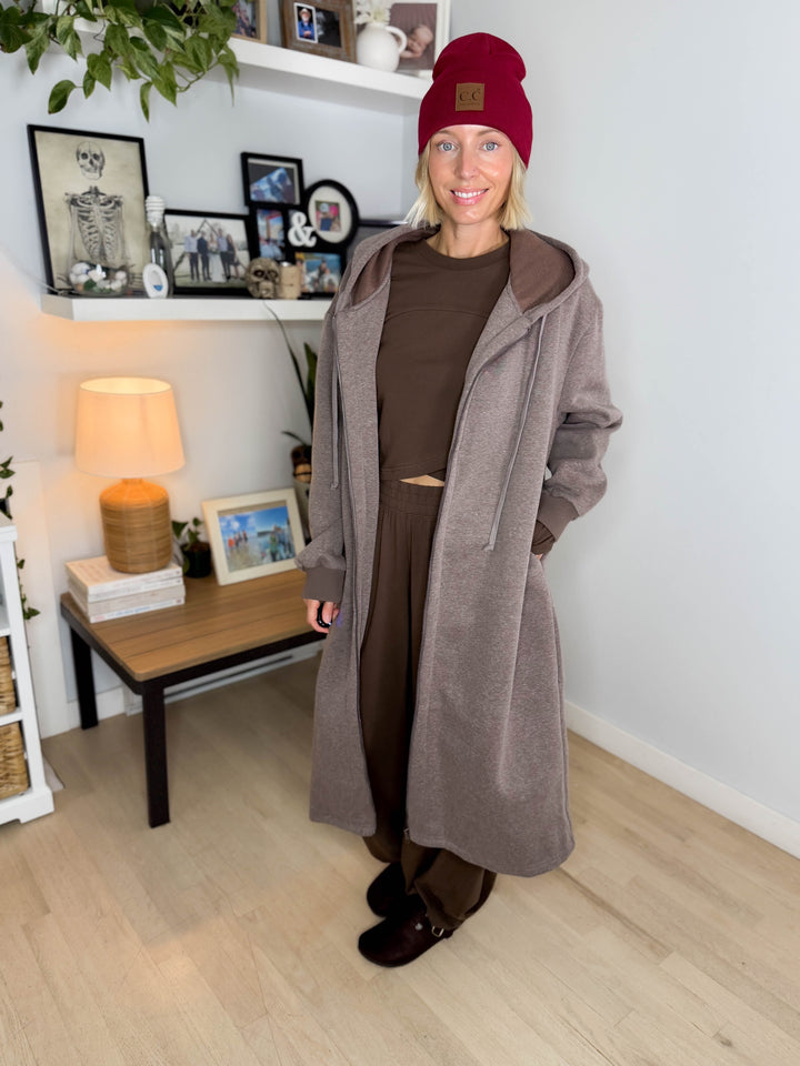Mavis Hooded Full Zip Coatigan- WALNUT