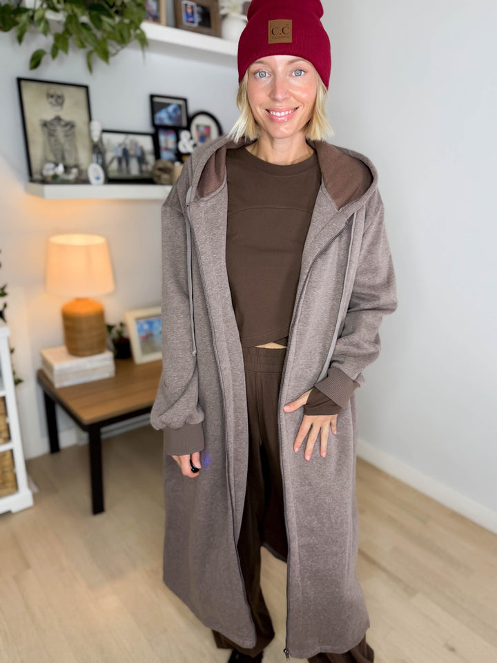 Mavis Hooded Full Zip Coatigan- WALNUT