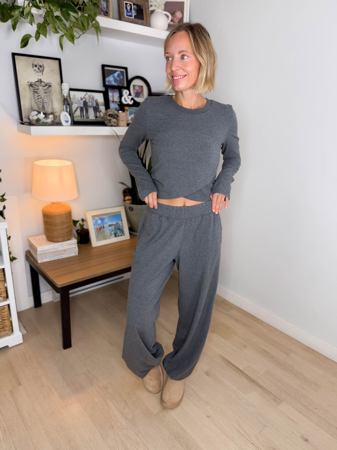 Mari Stretch Cotton Long Sleeve Crossover Set- HTHR CHARCOAL