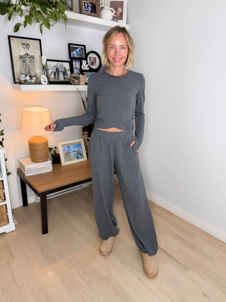 Mari Stretch Cotton Long Sleeve Crossover Set- HTHR CHARCOAL