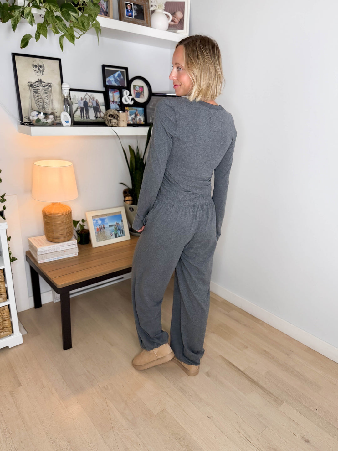 Mari Stretch Cotton Long Sleeve Crossover Set- HTHR CHARCOAL