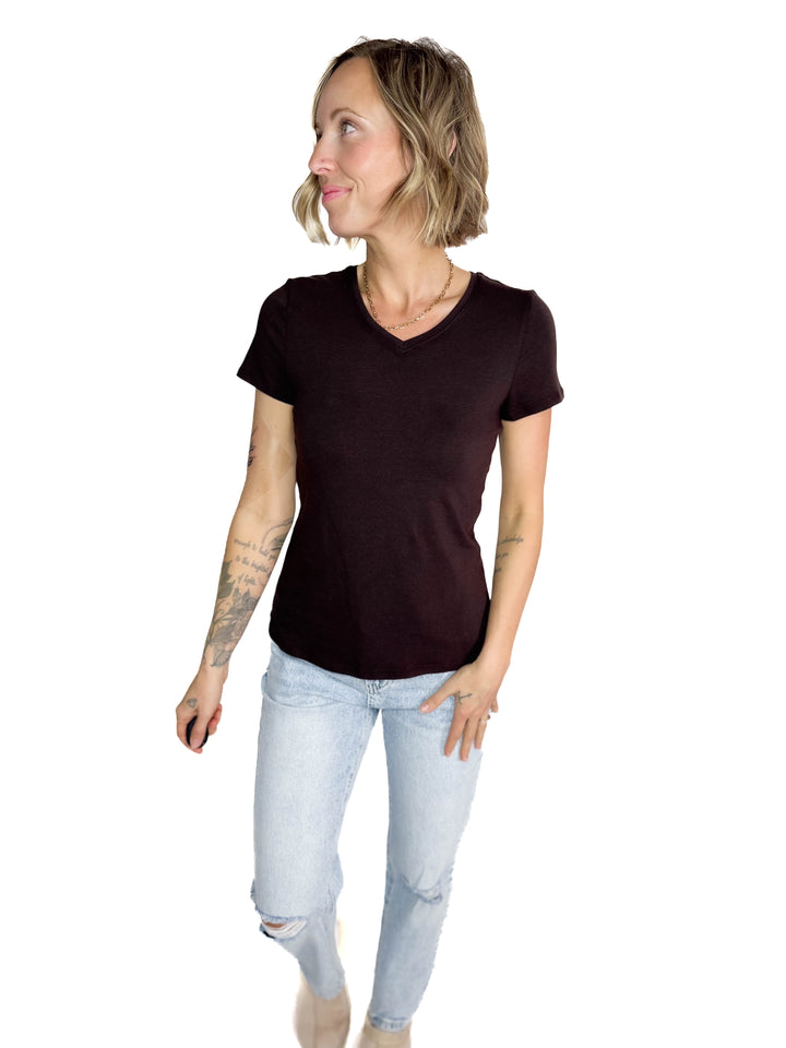 Alder Stretch Cotton V-Neck Tee- BROWN