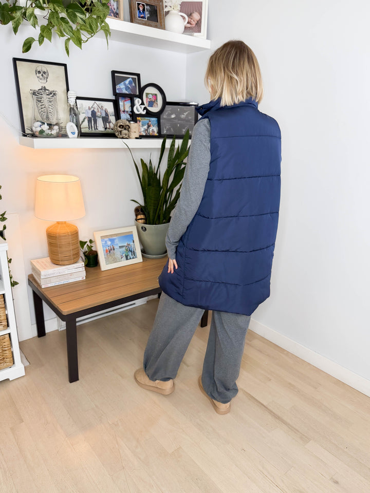 Norah Mock Neck Long Vest- NAVY
