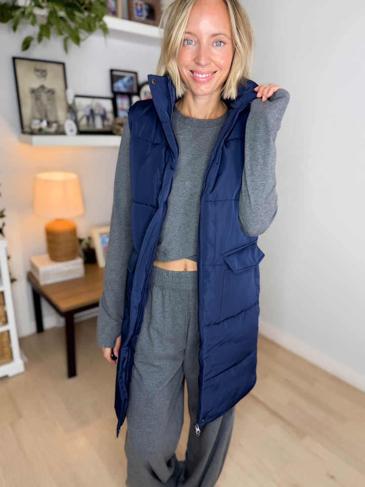 Norah Mock Neck Long Vest- NAVY