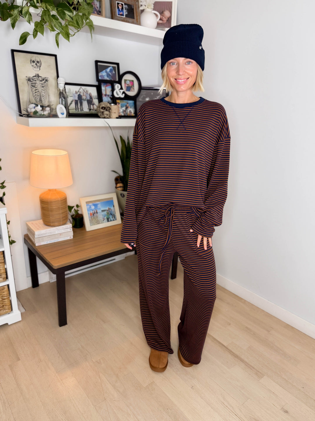 Halston Stretch Cotton Striped Set- BROWN/NAVY