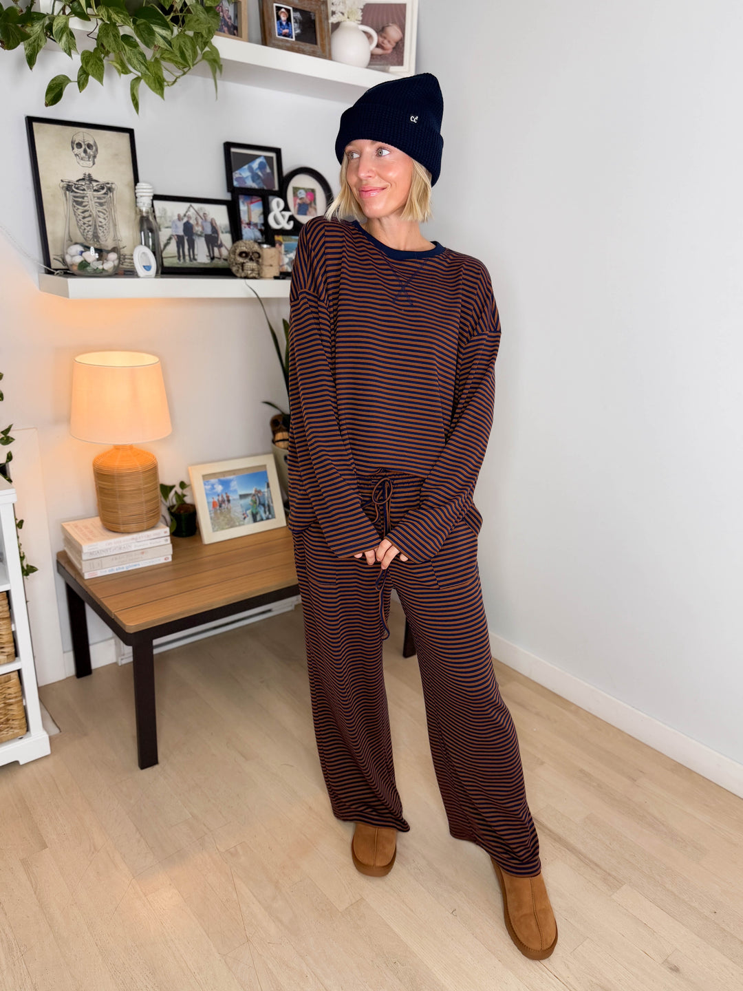 Halston Stretch Cotton Striped Set- BROWN/NAVY