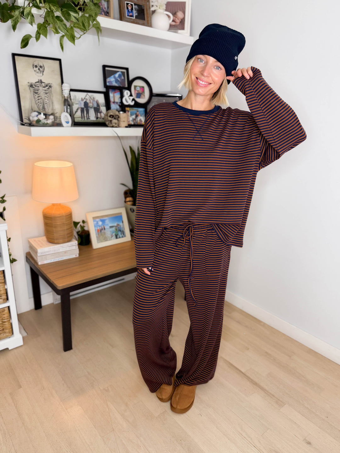 Halston Stretch Cotton Striped Set- BROWN/NAVY