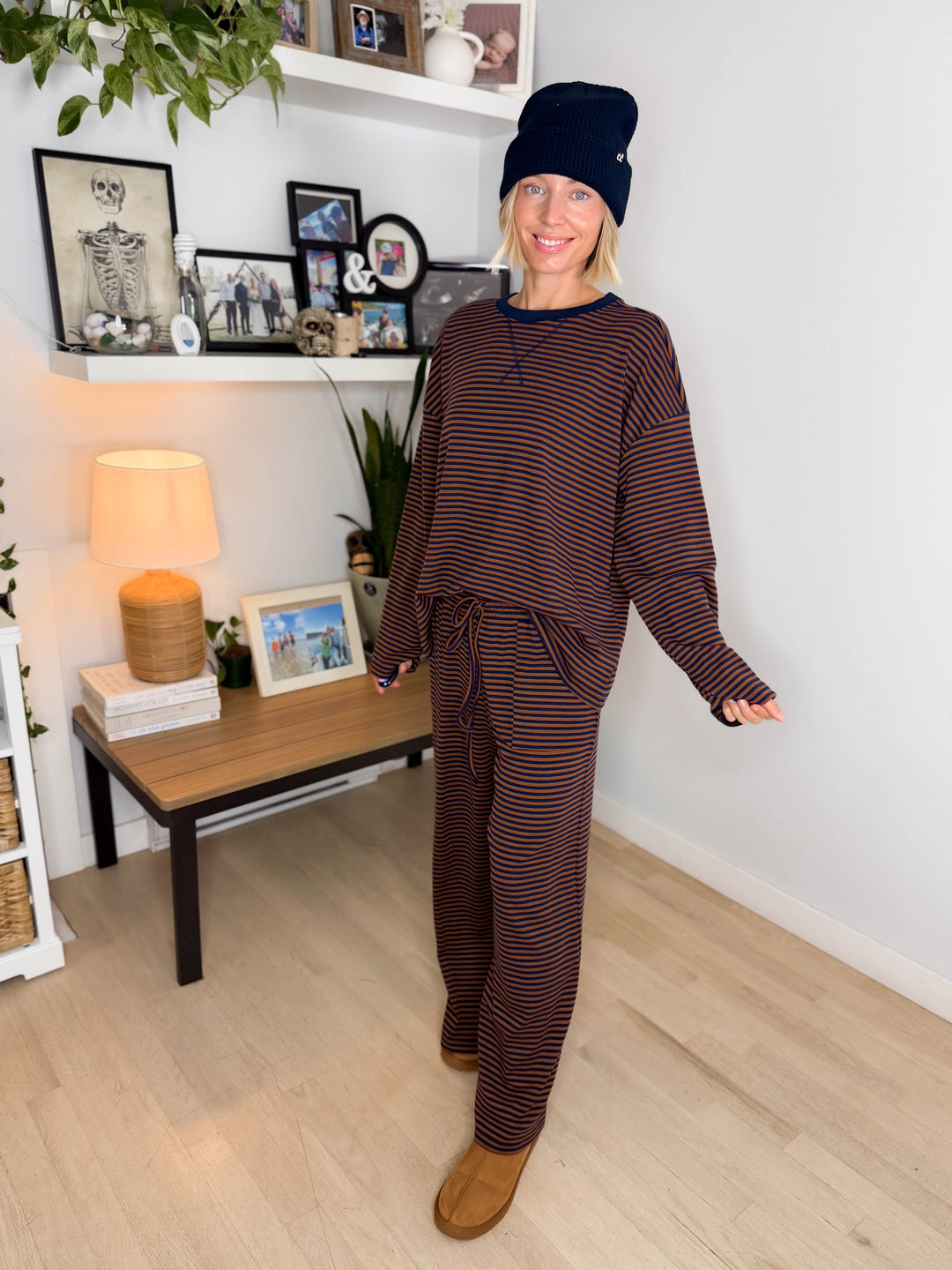 Halston Stretch Cotton Striped Set- BROWN/NAVY