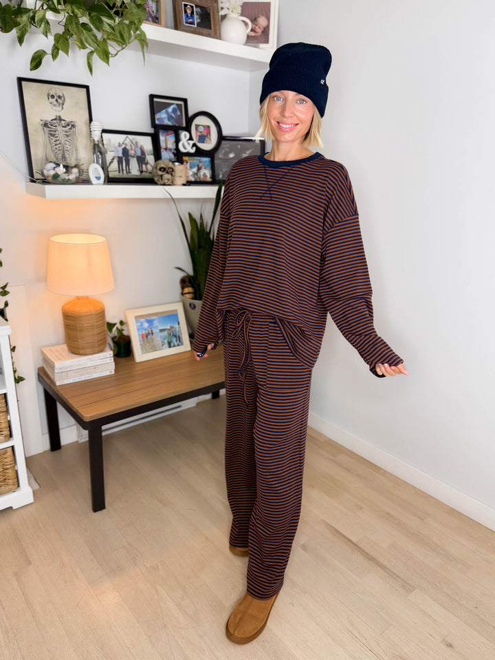 Halston Stretch Cotton Striped Set- BROWN/NAVY