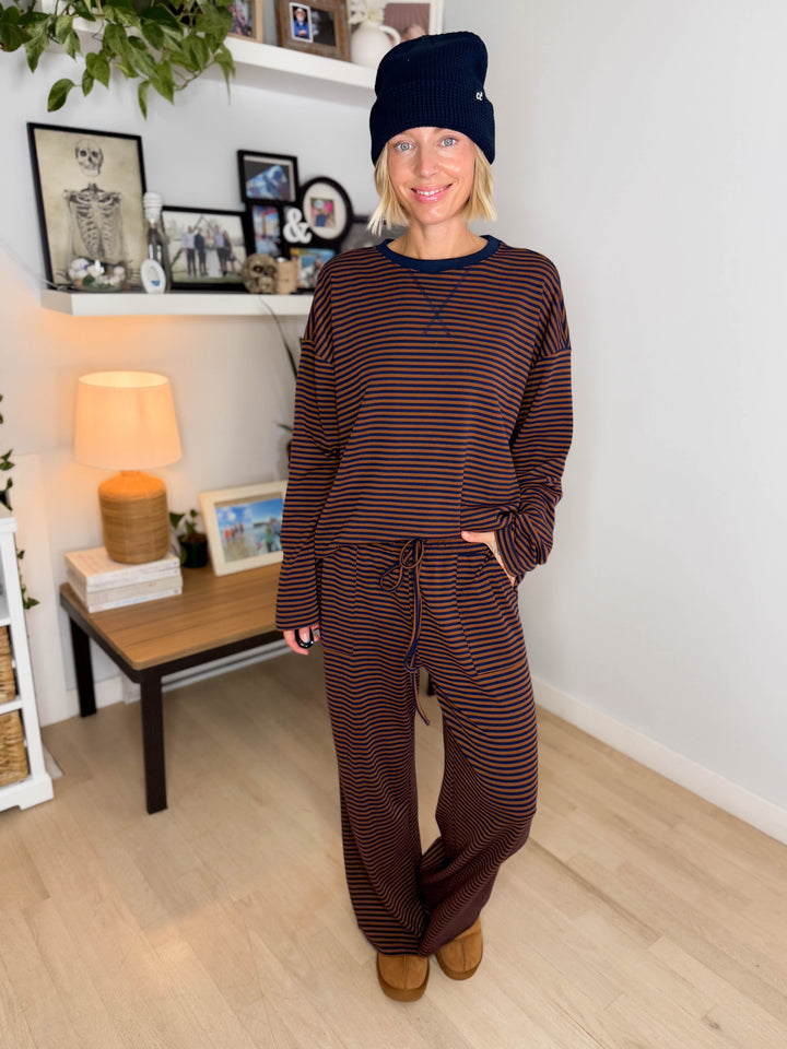 Halston Stretch Cotton Striped Set- BROWN/NAVY