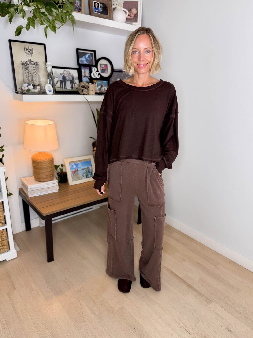 Holt Washed Wide Leg Sweat Pant- DARK BROWN