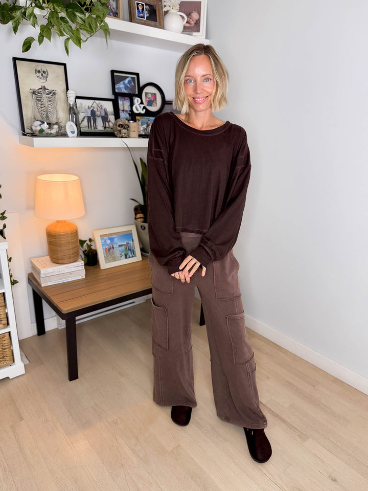 Holt Washed Wide Leg Sweat Pant- DARK BROWN