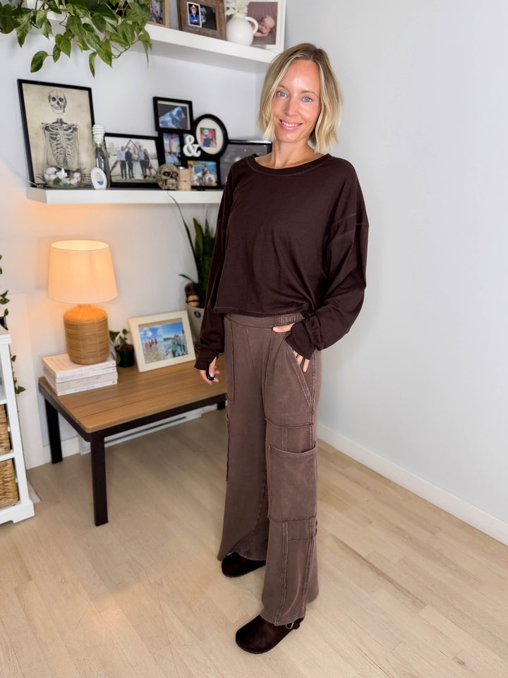 Holt Washed Wide Leg Sweat Pant- DARK BROWN