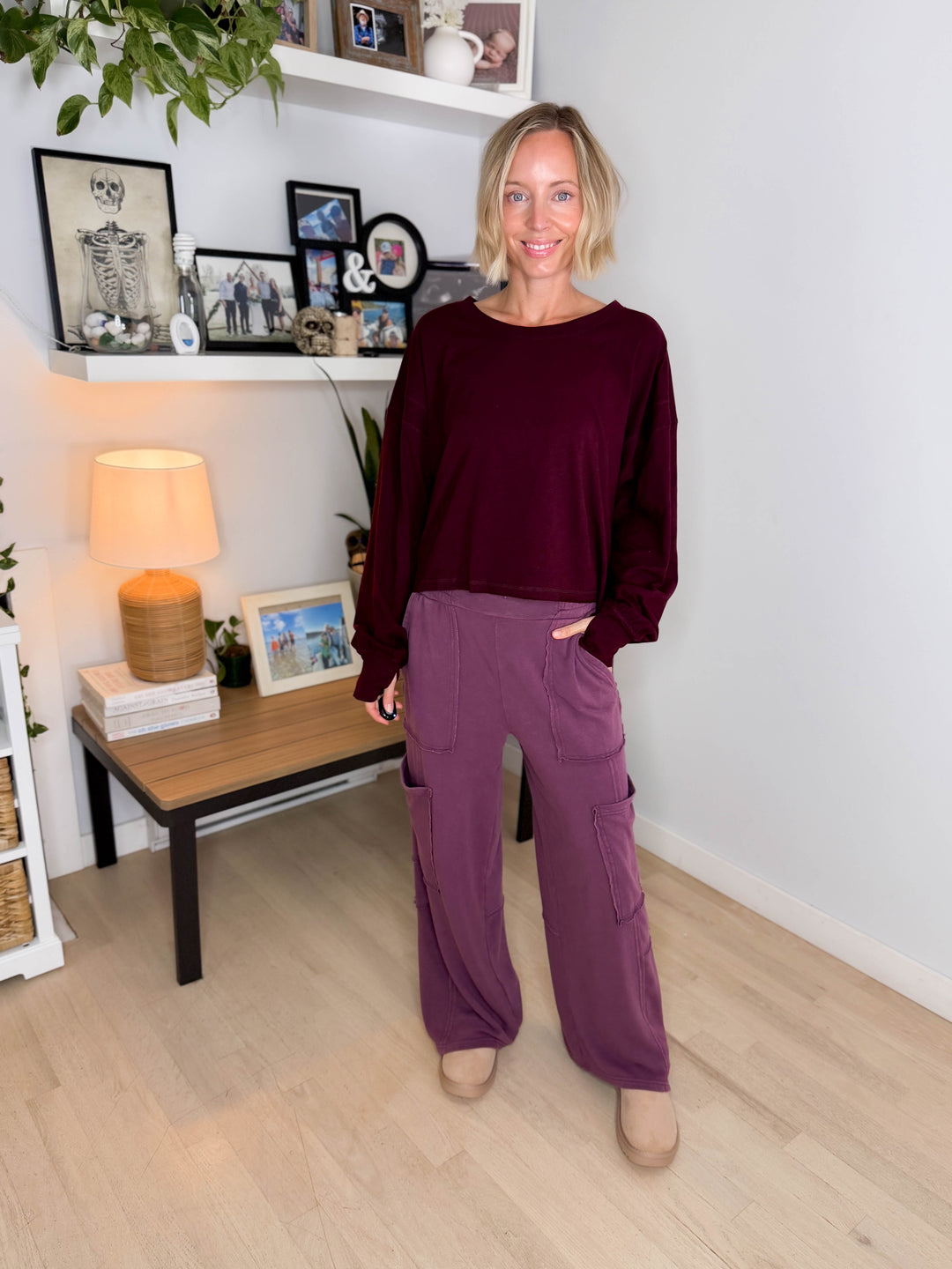 Tilley Cotton Slub Open Back Long Sleeve- DARK CHERRY