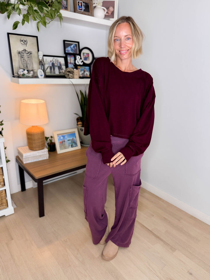 Tilley Cotton Slub Open Back Long Sleeve- DARK CHERRY