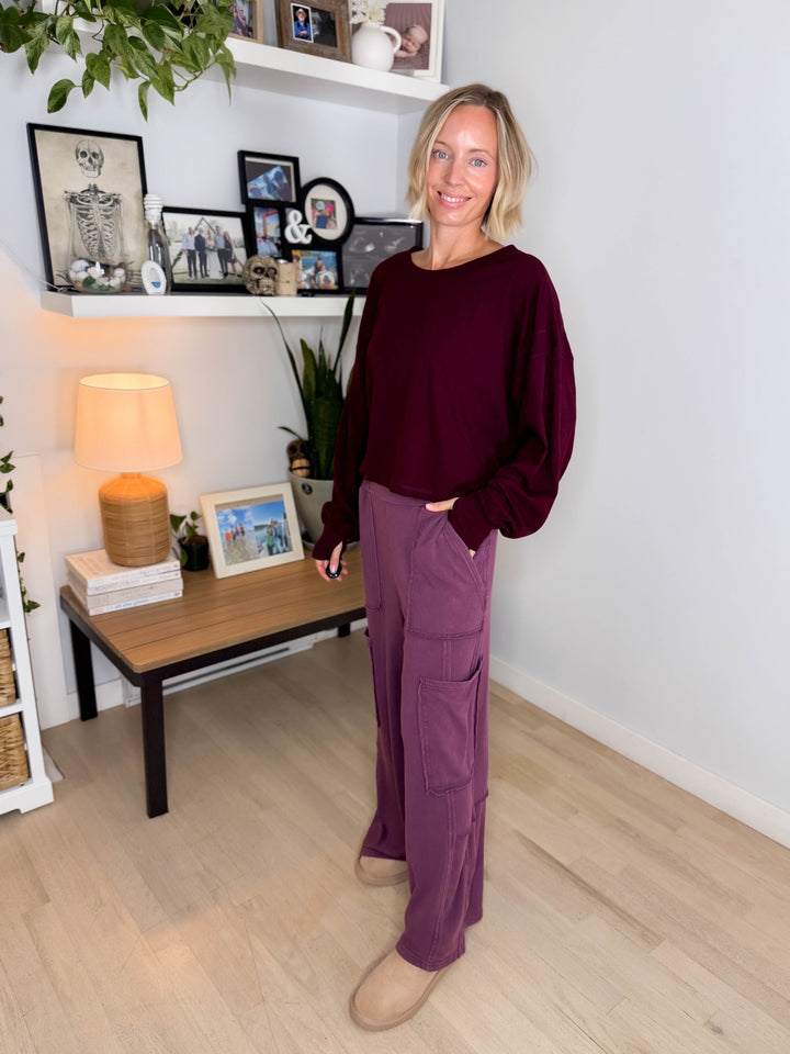 Tilley Cotton Slub Open Back Long Sleeve- DARK CHERRY