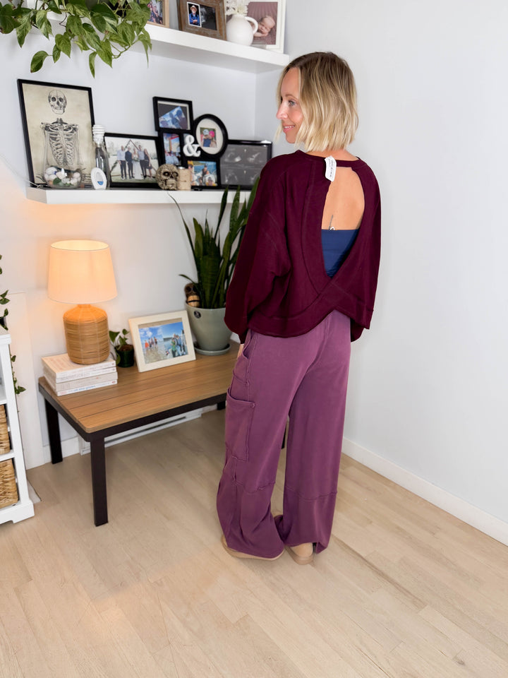 Holt Washed Wide Leg Sweat Pant- DARK CHERRY