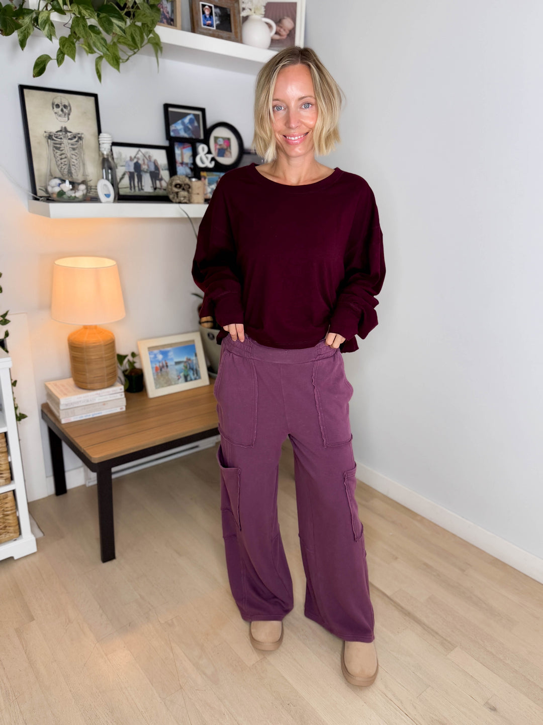 Tilley Cotton Slub Open Back Long Sleeve- DARK CHERRY