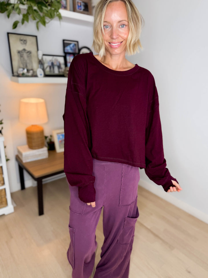 Tilley Cotton Slub Open Back Long Sleeve- DARK CHERRY
