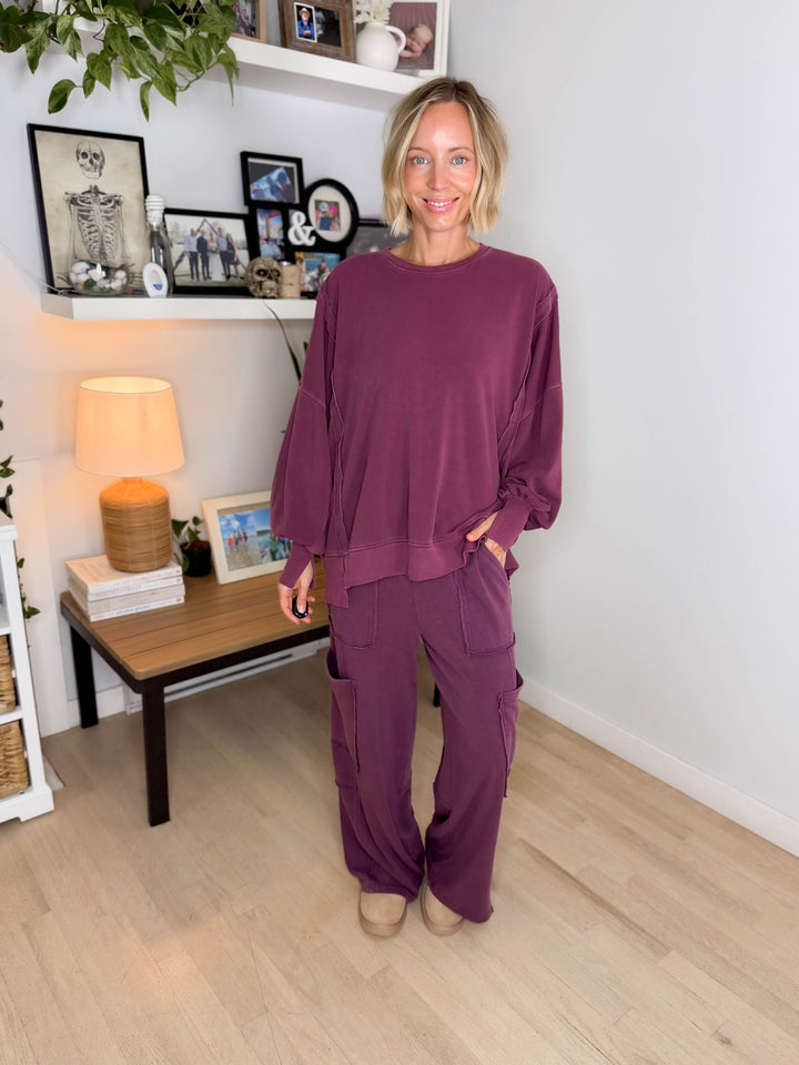 Holt Washed Wide Leg Sweat Pant- DARK CHERRY