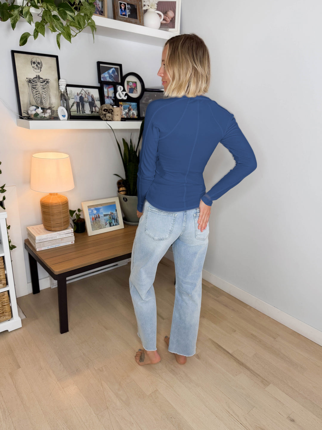 Mono B Diane Essential Long Sleeve Henley Top- OCEAN