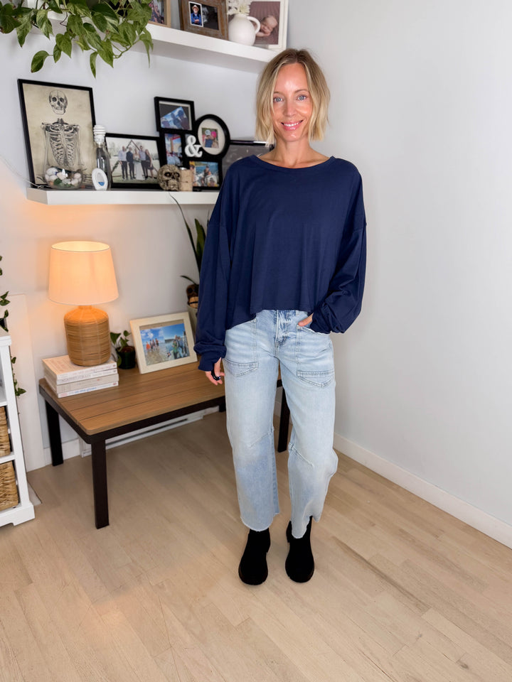 Tilley Cotton Slub Open Back Long Sleeve- NAVY