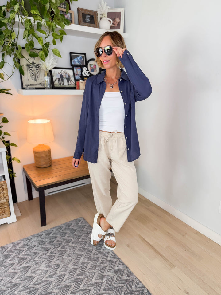 Free Spirit Cotton Blend Button Down- INDIGO
