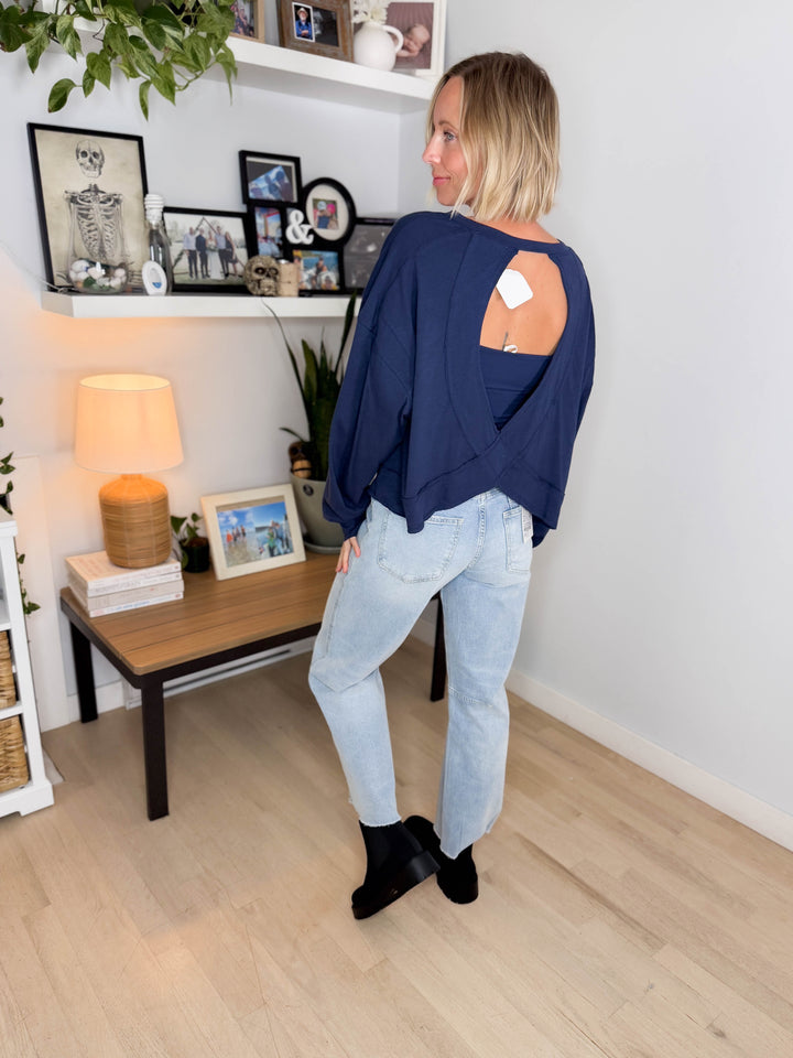 Tilley Cotton Slub Open Back Long Sleeve- NAVY