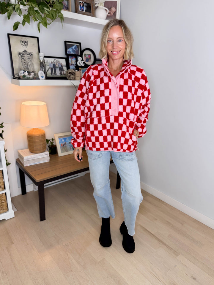 Martha Checkered Fleece 1/2 Snap Pullover- LIGHT PINK/RED