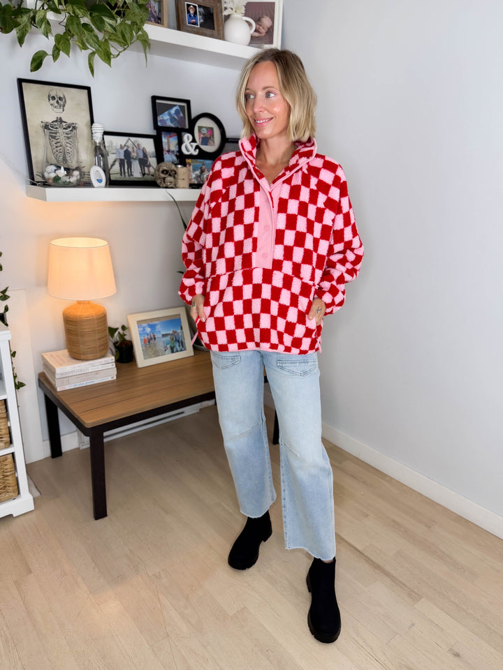 Martha Checkered Fleece 1/2 Snap Pullover- LIGHT PINK/RED