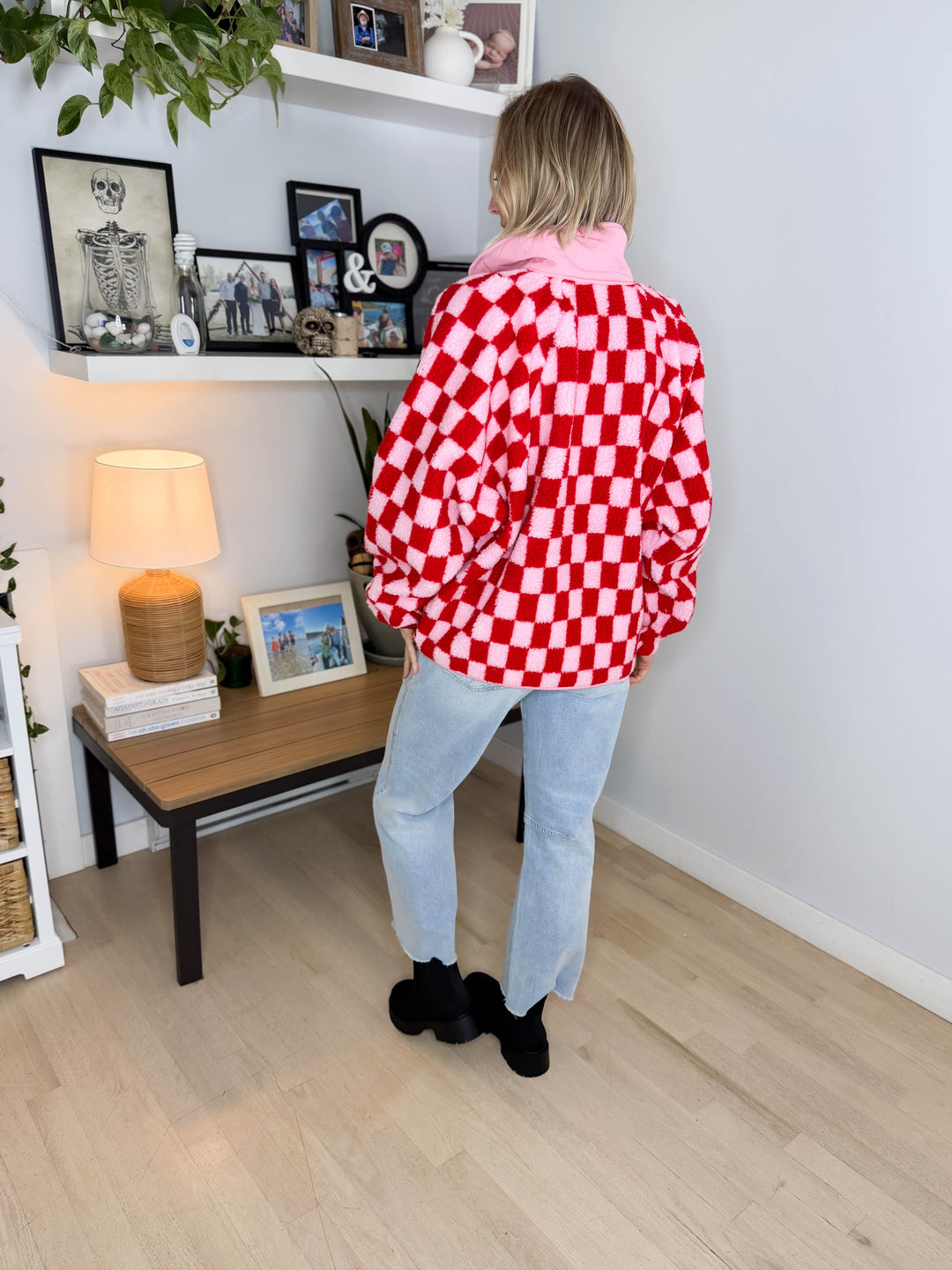Martha Checkered Fleece 1/2 Snap Pullover- LIGHT PINK/RED