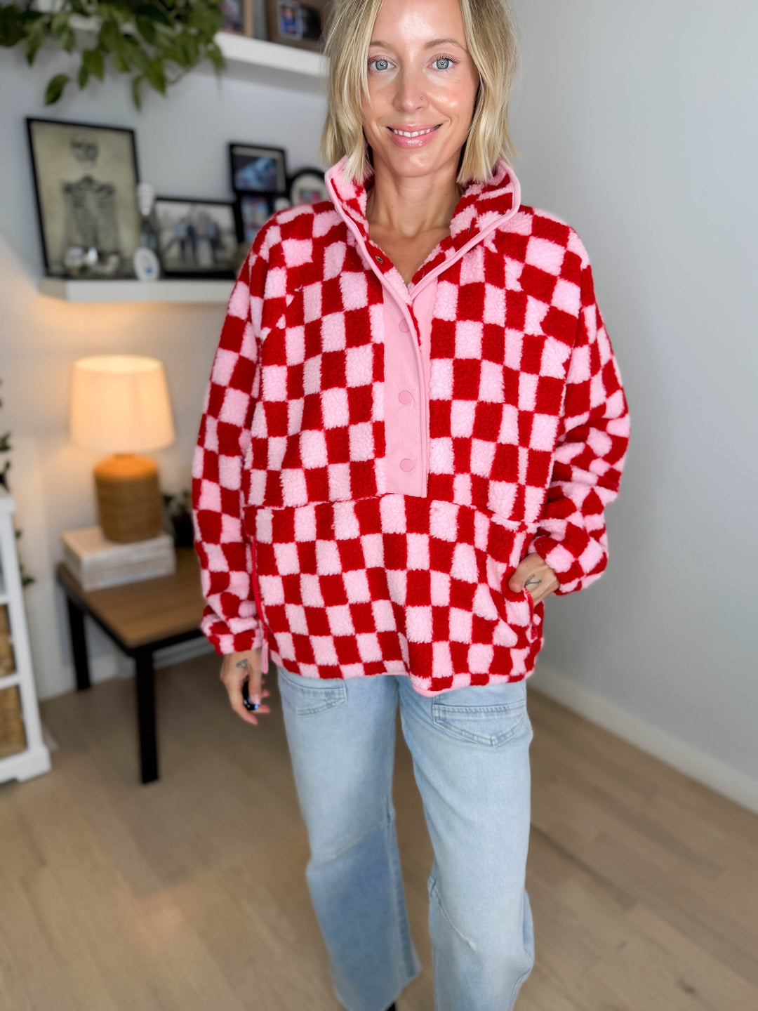 Martha Checkered Fleece 1/2 Snap Pullover- LIGHT PINK/RED