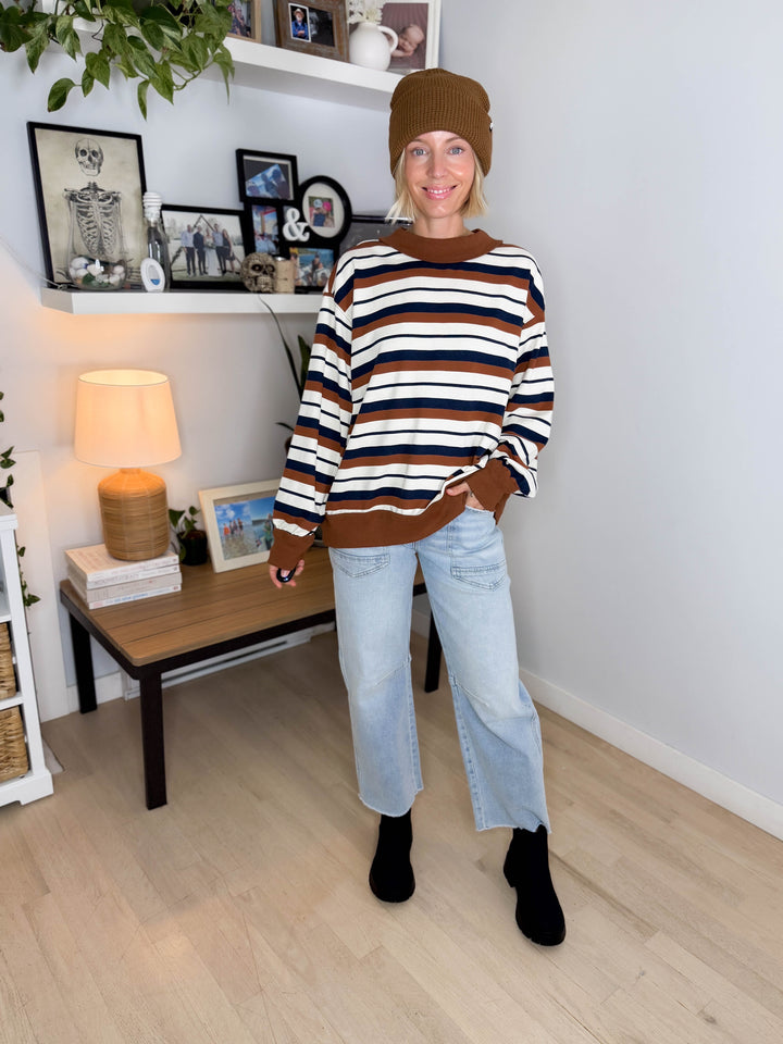 Elodie Oversized French Terry Striped Sweatshirt- CAMEL/NAVY/CREAM