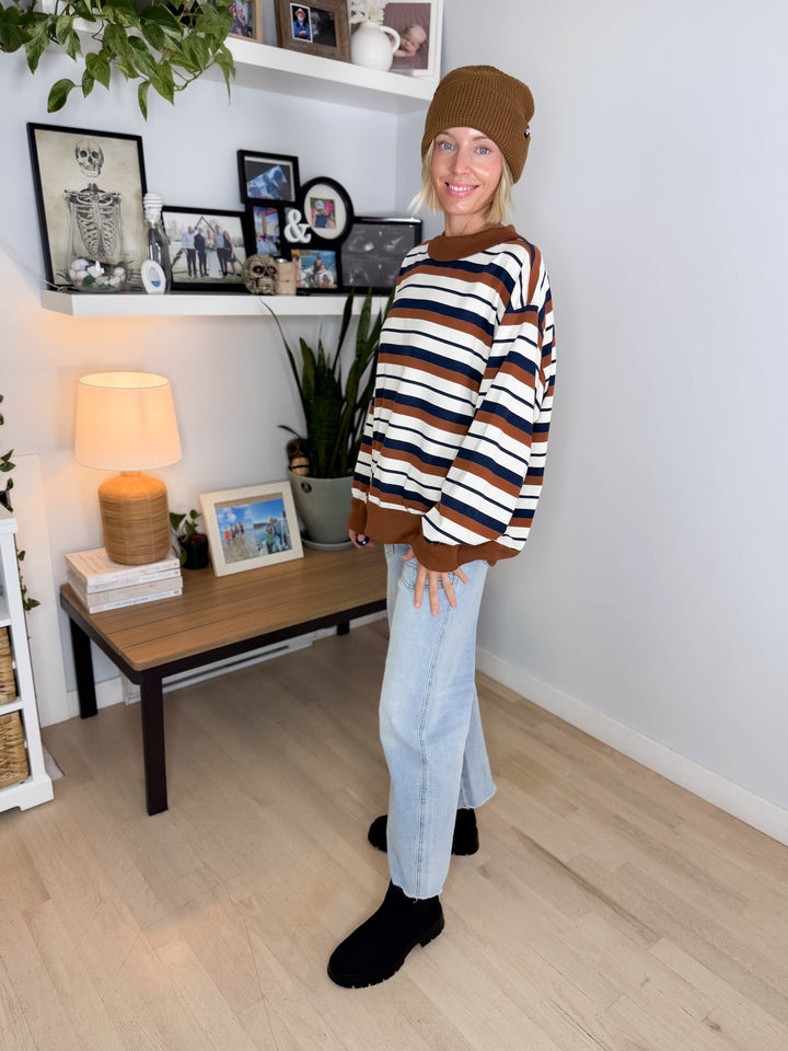 Elodie Oversized French Terry Striped Sweatshirt- CAMEL/NAVY/CREAM