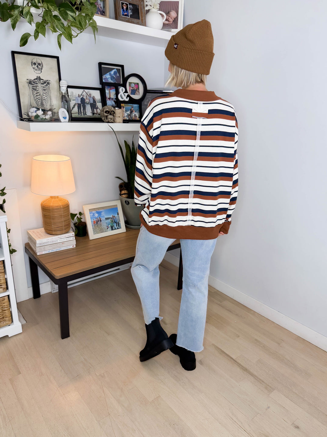 Elodie Oversized French Terry Striped Sweatshirt- CAMEL/NAVY/CREAM