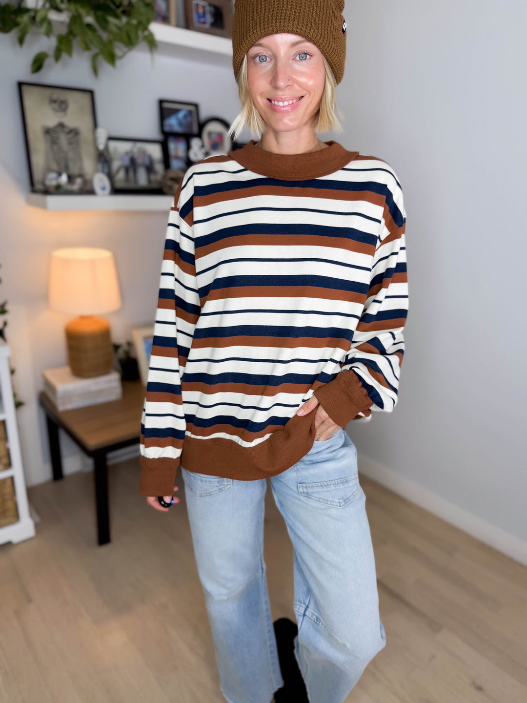Elodie Oversized French Terry Striped Sweatshirt- CAMEL/NAVY/CREAM