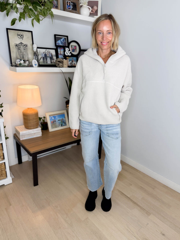 Willa Soft Sherpa Fleece Half Zipper Hoodie Pullover- ECRU
