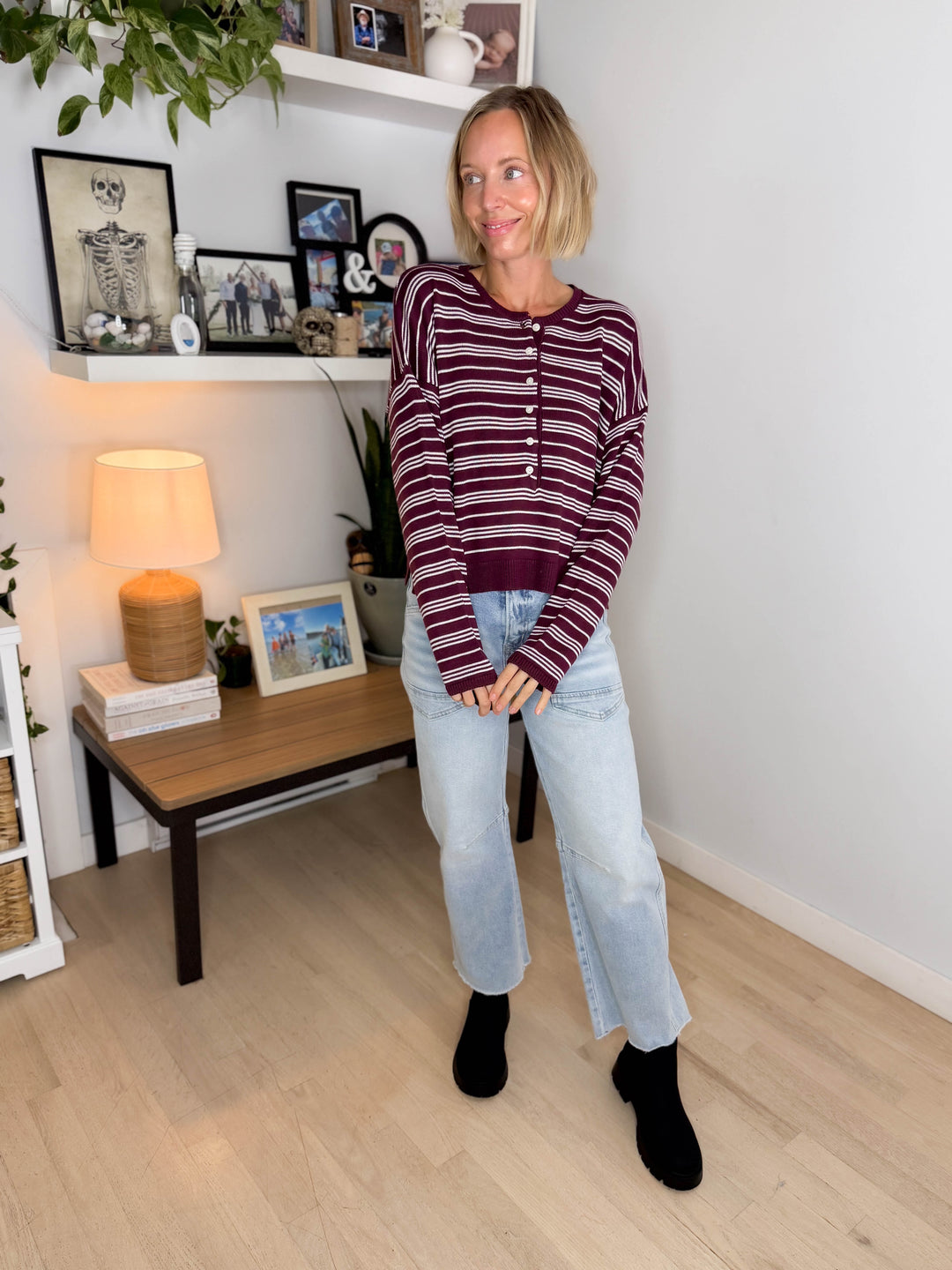 Merrit Stripe Henley Sweater- DARK CHERRY